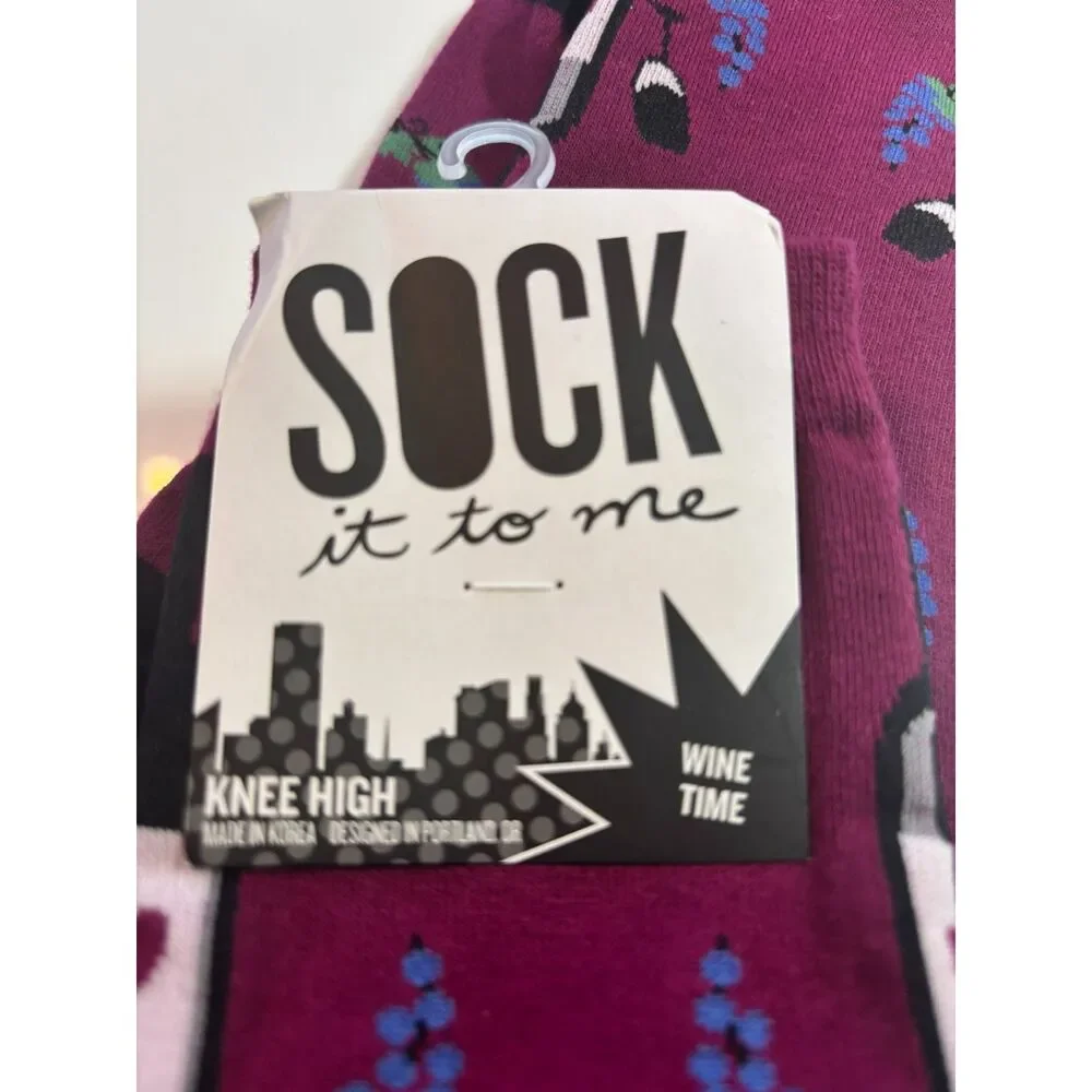 Sock It To Me Wine Time Knee High Socks Wine Bottle Grapes Burgundy New w/Tags